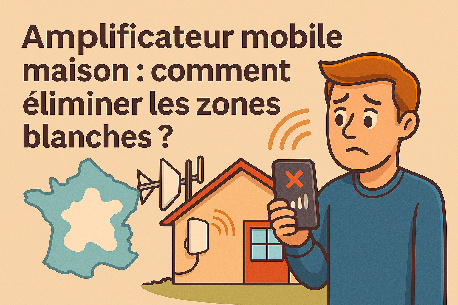 Illustration d’une maison en zone blanche et d’un utilisateur sans réseau mobile 2G 3G 4G 5G