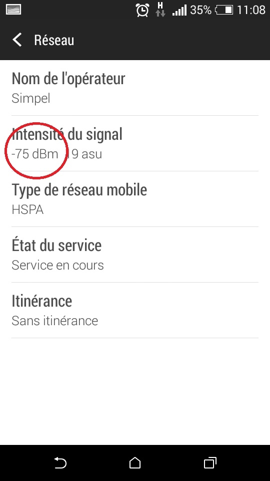 menu NIVEAU DE SIGNAL sous Android
